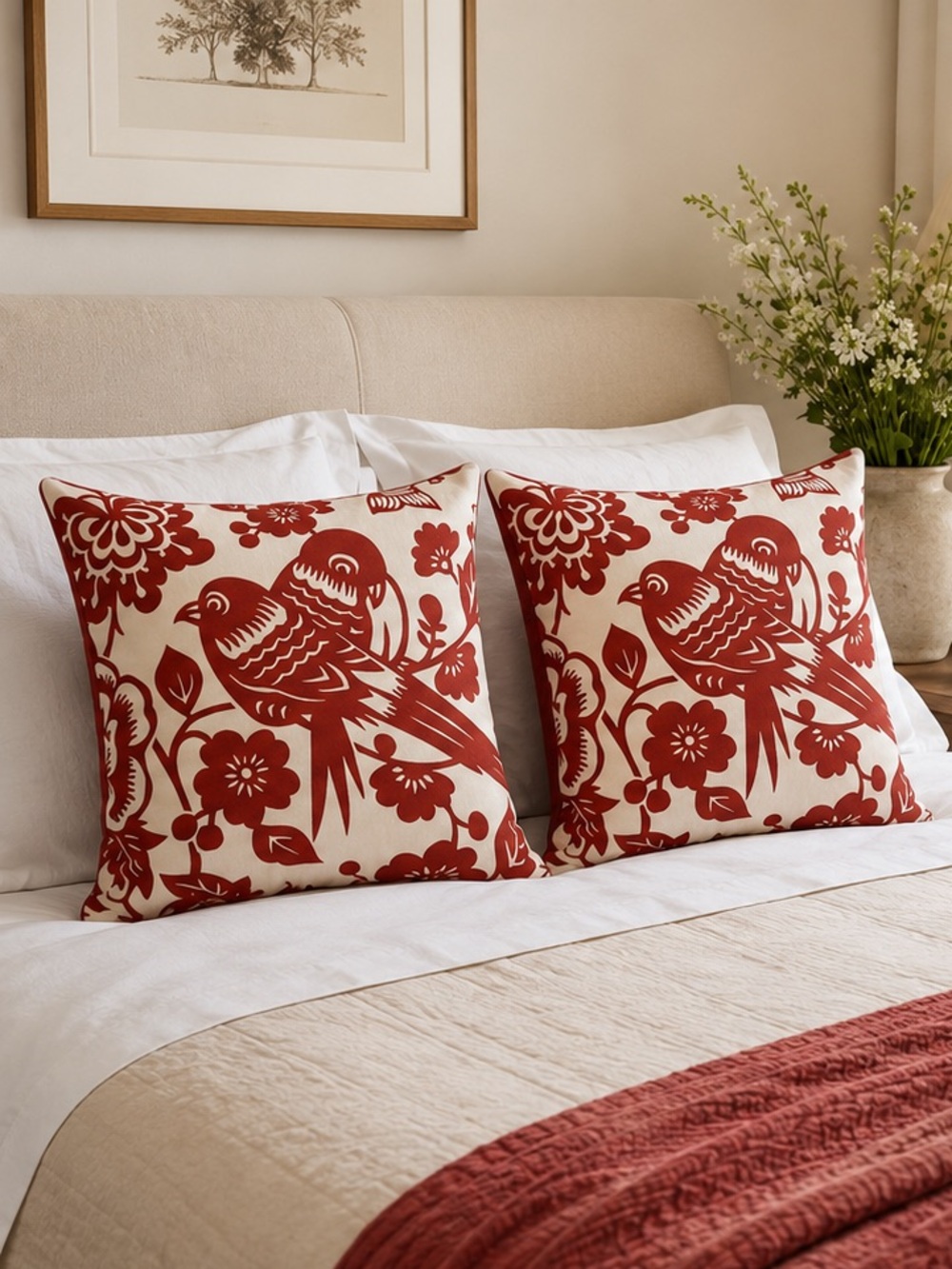 Red & Cream Love Birds Pillow Covers Set of 2 | Feng Shui Decor